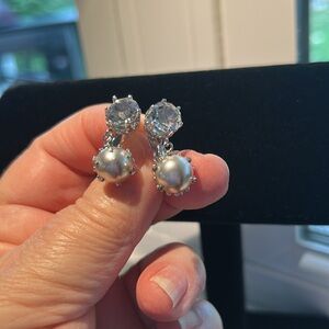 Elegant Silver Pearl & rhinestones Drop Earrings prong set pierced Lewis Segal